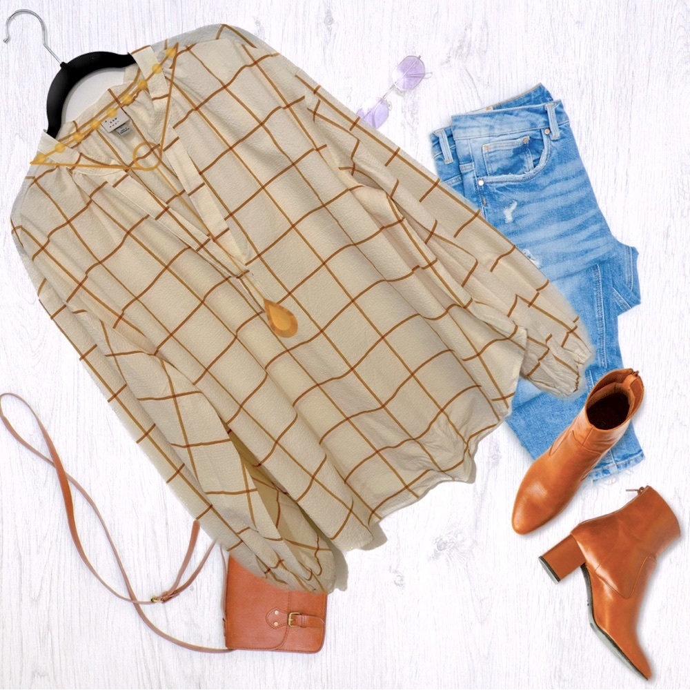 Comfy Cool Volume Sleeve Blouse Cream with Rust Orange lines A New Day Large